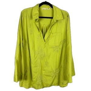 Soft Surroundings Cotton Linen Embroidered Pullover Top 1X Lime Green